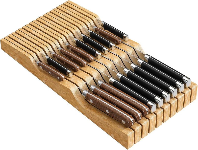 Wieghda Bamboo In-Drawer Knife Block for 19 Knives(Not Included), Knife Drawer Organizer,Knife Holder Countertop,Block Knife Storage Organizer for Kitchen - Image 1
